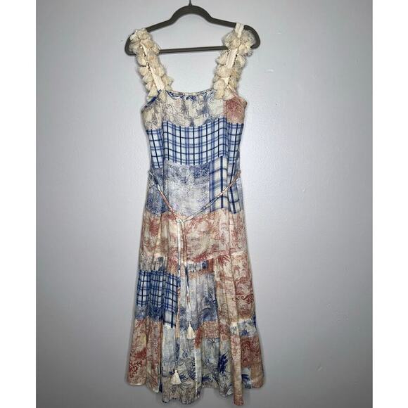 Tory Burch Tasseled Patchwork Printed Linen Midi Dress Far Away Size XS - Picture 2 of 8